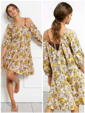 Anthro Daily Practice Boho Oversized Floral Yellow Tan Mollie Dress, L